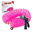Yereen Heavy Duty Polyurethane Recoil Air Hose 1/4 in x 50 ft, Lightweight, Flexible Compressor Hose with Universal Quick Coupler, I/M Plug and Bend Restrictors, Pink