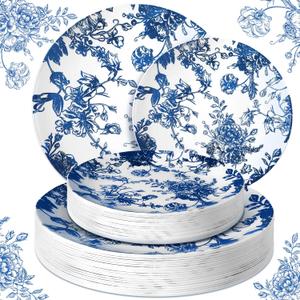 Suclain Set of 60 Blue and White Floral Plastic Plates Wedding Party Decoration Bulk Serves as 9" 7" Dessert Dinner Disposable Plastic Plates for Bridal Shower