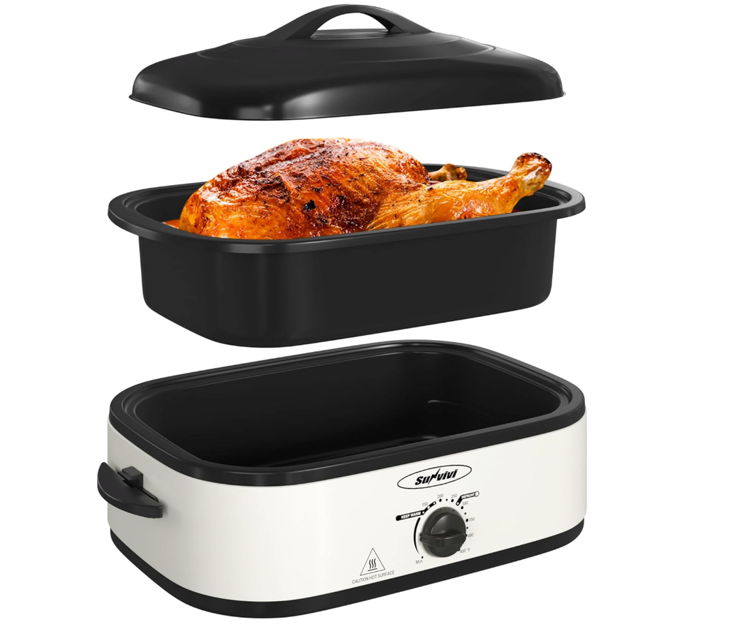 Sunvivi Electric Roaster Oven with Self-Basting Lid, 14-Quart Turkey Roaster Oven with Removable Pan and Rack, Stainless Steel, White