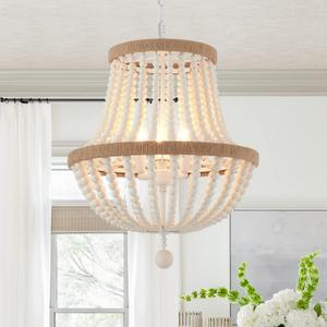 3-Light Boho Chandelier Farmhouse, Wood Bead Pendant Light, Antique Rustic Hanging Light Fixture for Kitchen Island Hallway Entryway Bedroom Nursery Dining Room Foyer (White)