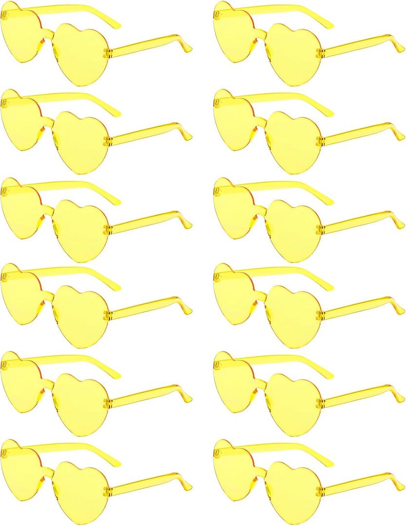 12 Pairs Heart Shaped Sunglasses Candy Color Rimless Fun Heart Glasses for Women Party Favors (Yellow)