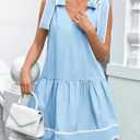 Wenrine Womens Summer V Neck Mini Dress Tie Shoulder Sleeveless Contrast Loose Casual Beach Dresses (Blue)