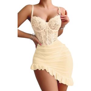Sexy Corset Bodycon Ruffle Sheer Underwire Mesh Lace Floral Outfits Babydoll Lingerie Set Dress with Thong 2 Piece (Beige) XL