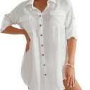 Bsubseach Women Button Down Rolled Cuffed Long Sleeve Shirt Side Slit Collared Blouses with Pockets Oversized Rayon Tops White XL