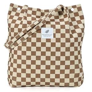 LHMTQVK Corduroy Tote Bags for Women, Large Capacity Corduroy Bag Reusable Grocery Shoulder Bag with Inner Pockets (Khaki Small Grid)