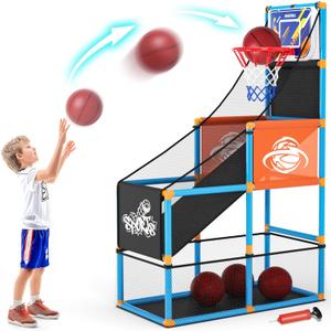 Arcade Basketball Game Set Boy Toys: Indoor Basketball Hoop with 4 Balls Outdoor Sports Toy for Kids 3-12 Years Old Adjustable Height with Air Pump Kid Party Games Birthday Gifts for Boys Girls Teens, Medium, Small
