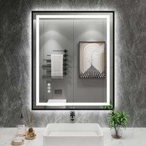Amorho LED Bathroom Mirror, 24"X30" Front Light and Backlit with Black Frame, Stepless Dimmable, Anti-Fog, Shatter-Proof, Memory, 3 Colors, Double LED Vanity Mirror