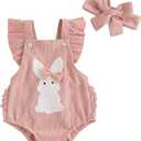 Nicoxijia Newborn Baby Girl Easter Outfit Bunny Carrot Embroidery Ruffle Sleeve Romper Bodysuit Jumpsuit with Headband Outfit (Pink, 0-3 Months)