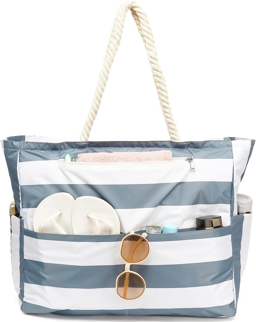 Large Beach Bag for Women, Waterproof Travel Tote Bag with Lunch/Wet Pocket for Weekender, Sandproof, Zipper Closure