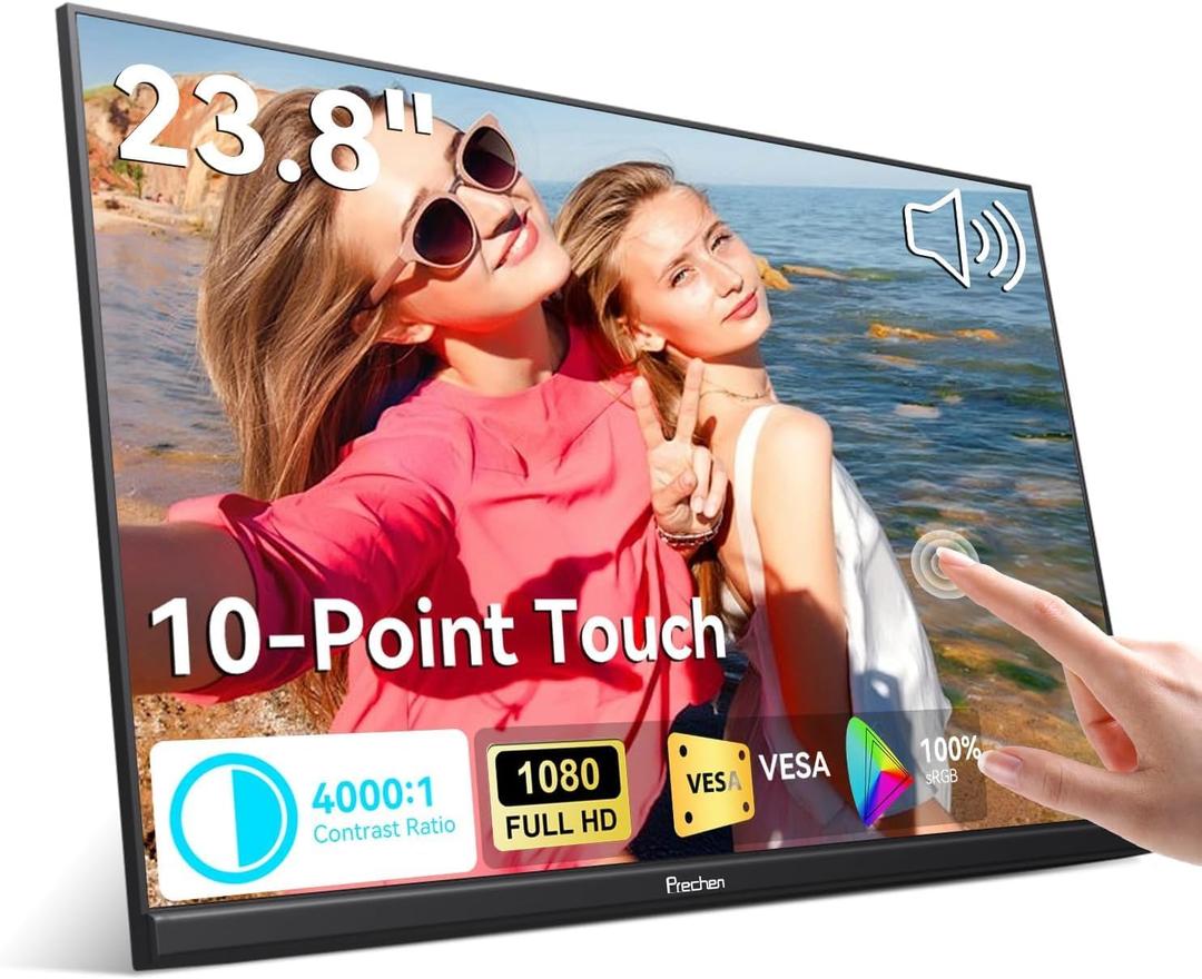 23.8" Portable Touchscreen Monitor 100% sRGB VA FHD 1080P, 4000:1 Contrast, VESA, Built-in Speaker, w/90Adjustable Stand USB-C HDMI 75Hz External Second Touch Screen Display for Laptop/PC/Phone