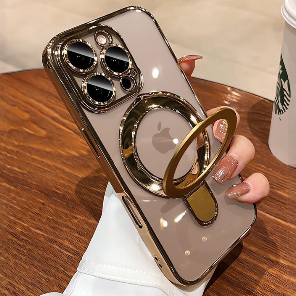 JBJZYZZ Magnetic Stand Case for iPhone 14 Pro Max Case Clear Kickstand Compatible with Magsafe Built-in Camera Lens Protector Case Cover for 14 ProMax, Desert Titanium