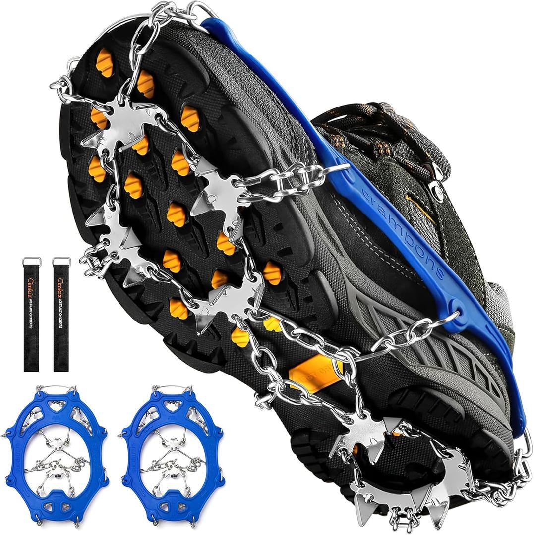 Crampons Ice Cleats Traction Snow Grips for Boots Shoes Women Men Anti Slip 19 Stainless Steel Spikes Safe Protect for Hiking Fishing Walking Climbing Mountaineering (Medium, Blue)