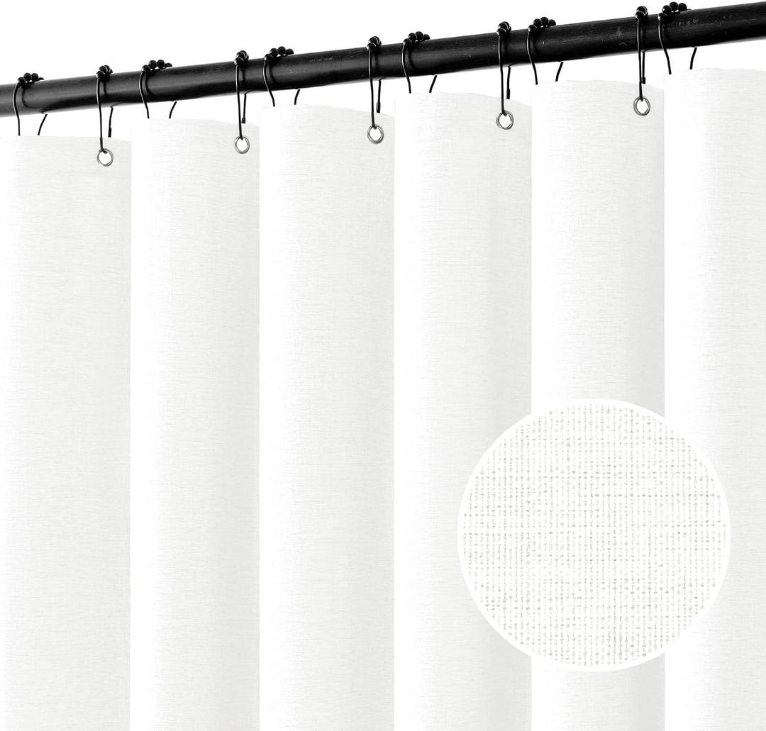 MIULEE Extra Long Linen Shower Curtain 90 Inches Long with 12 Metal Hooks Washable Heavy Fabric Shower Curtain Set Waterproof Thick Cloth Shower Curtains for Bathroom Hotel Bathtub, White