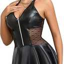 Women's Plus Size PU Leather Summer Mini Dress Deep V Zipper A-line Bodycon Babydoll Lingerie (with Gift Box)
(L)