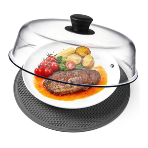 2 in 1, Glass Microwave Splatter Cover for Food & Microwave Place Mat, Plate Splatter Guard Lid with Easy Grip Silicone Handle Knob, Borosilicate Glass with Vent Hole, Food Grade, No Plastic, 10in