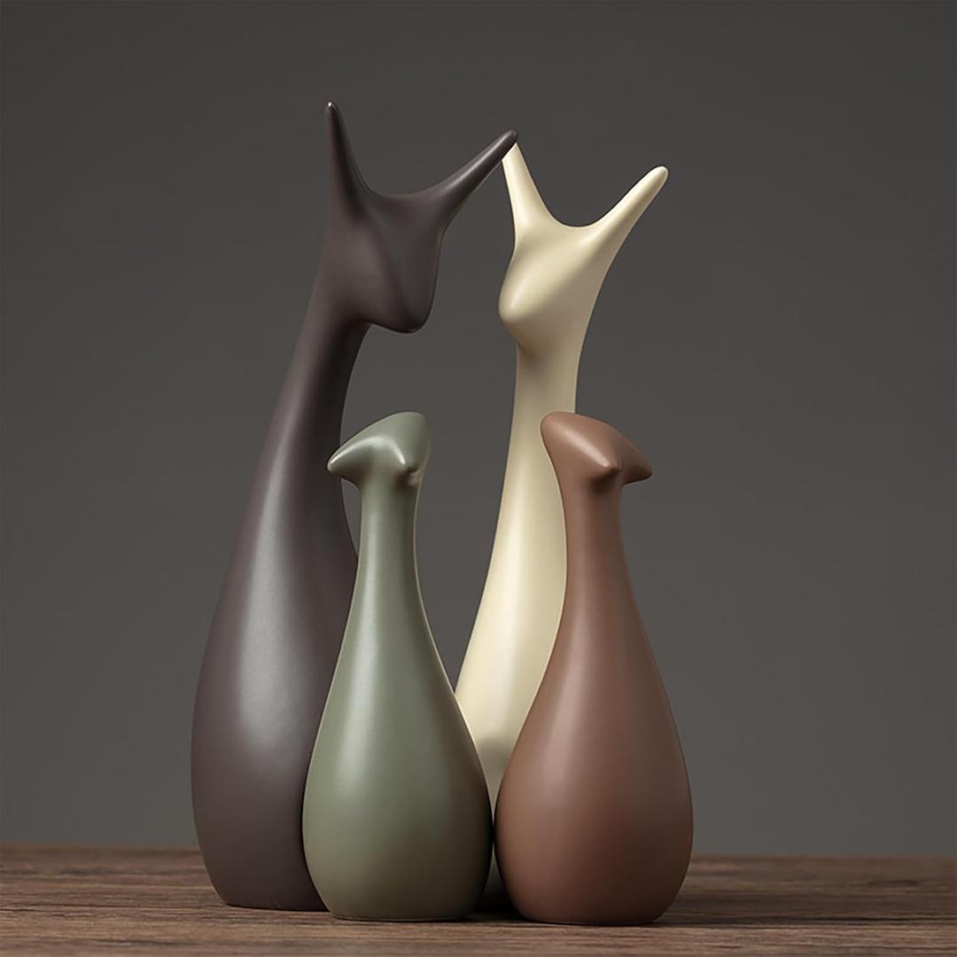 Ceramic Deer Family Statue Sculpture Mom Dad and Baby Animal Art Porcelain Figurine Home Decor Decorations for Living Room Book Shelf Cabinet Office Table Desk Top Ornament (A2, Four)