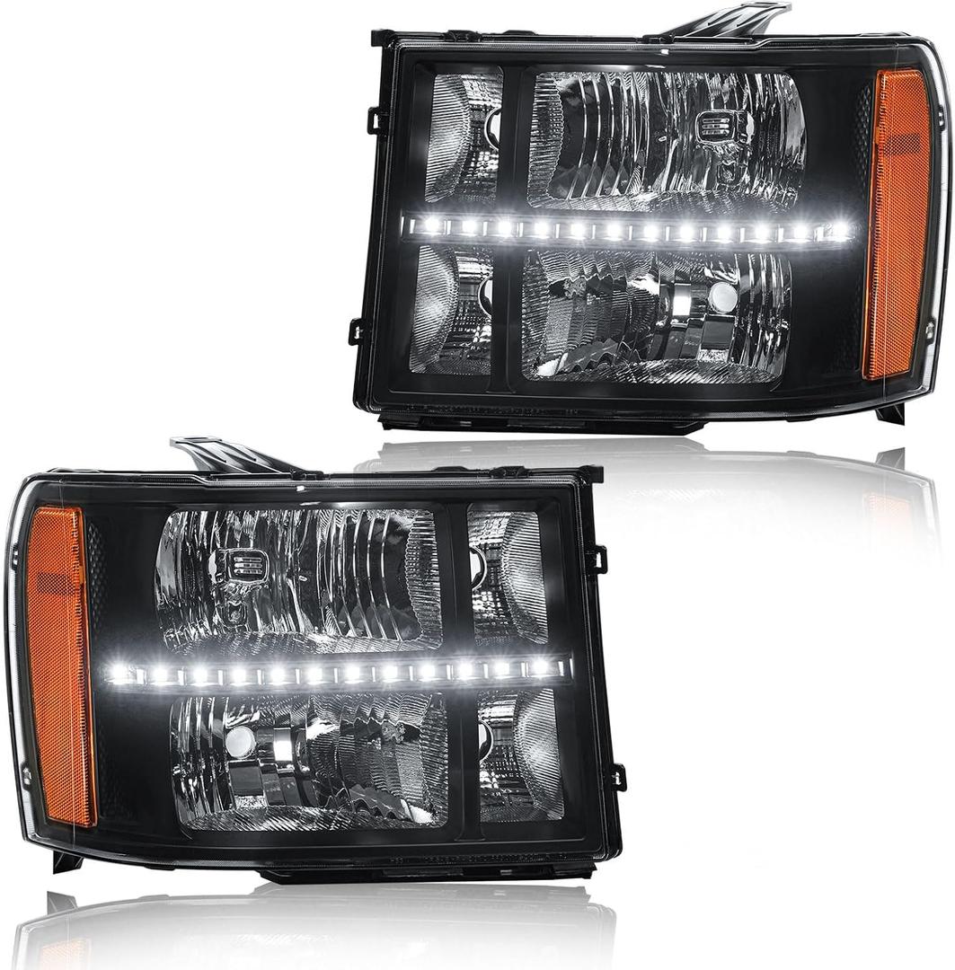 LED Headlight Assembly, Headlights Kit Compatible with 2007-2013 GMC Sierra 1500/2007-2014 Sierra 2500HD/2007-2014 Sierra 3500HD Headlamp Black Housing Amber Reflector