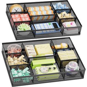 Marbrasse 2 Pack Desk Drawer Organizer, Mesh Drawer Organizer Tray with 8 Adjustable Compartments, Desk Organizers and Accessories, 5 Dividers Drawer for Office Supplies, Makeup & Vanity (Black)