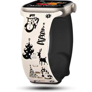 Blingbrione Christmas Engraved Band Compatible Apple Watch 38mm 40mm 41mm 42mm 44mm 45mm 46mm 49mm Winter Women,Silicone Santa Snowman Xmas Holiday Reindeer Green Red Strap for iphone Watch Series Ultra 11 10 9 8 7 SE 6 5 4 3 2 1 (Starlight/Black)