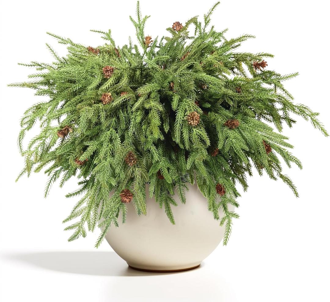 WBHome 12 Pcs Christmas Norfolk Pine Branches with Pine Cones - 18" Real Touch Norfolk Pine Branch- Artificial Xmas Branches Plants Pine Needles for DIY Craft Garland Home Garden Decor