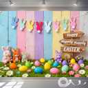 Easter Backdrop 8x6FT Large Happy Easter Photo Backdrop with 32.8ft Ribbon and 4 Grommets, Colorful Bunny Eggs Easter Backdrops for Photography Spring Party Baby Shower Studio Decorations