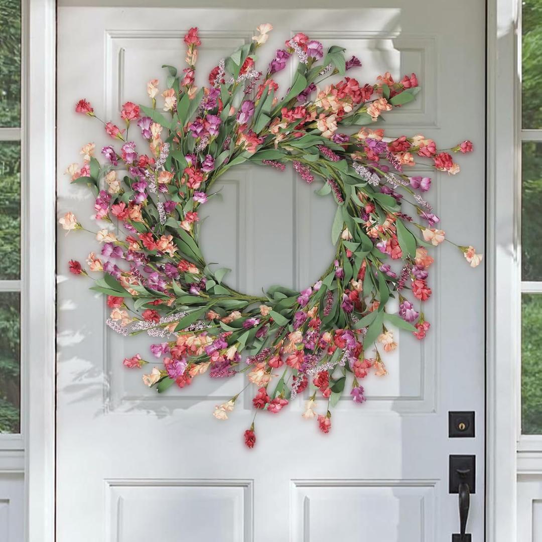 Artgar Front Door Wreath 24 Inch Spring/Summer Wreaths for Front Door, Front Door Wreaths for All Seasons for Indoor Outdoor Home Office Wall Window Wedding Farmhouse Decor (Red&Orange&Purple)