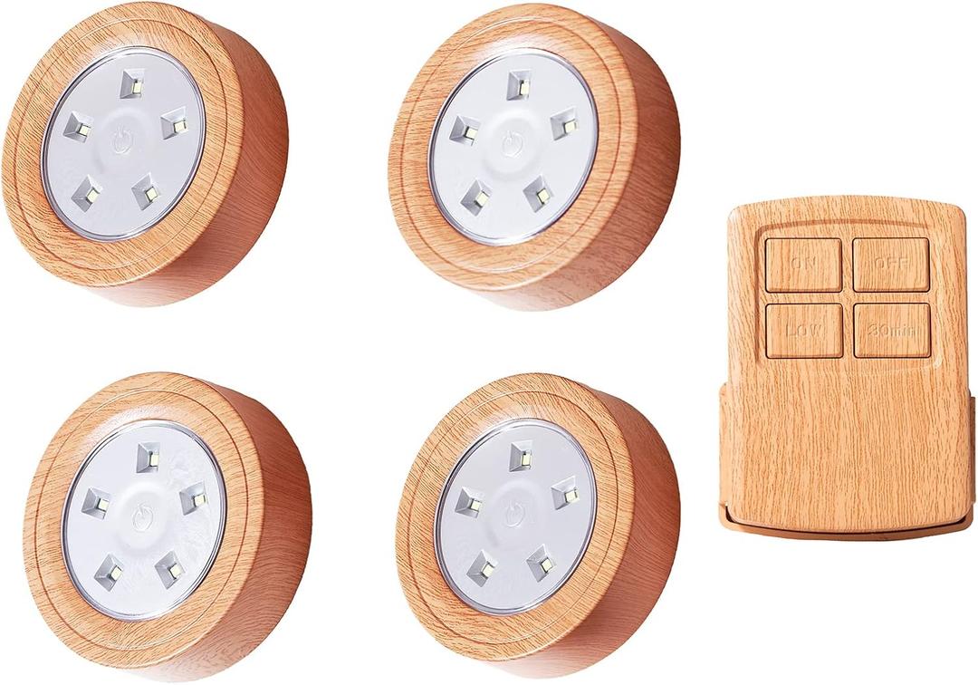 Puck Lights with Remote, LED Under Cabinet Lights with Auto Timer, Battery Operated Dimmable Under Counter Light for Closet, Kitchen, Under Counter, Hallway, Stairs. 4 PackOakwood
