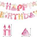 4PCS Princess Happy Birthday Banners  Pink & Gold Fairy Tale Decorations with Castles, Dresses, Crowns & Carriages for Birthday Party