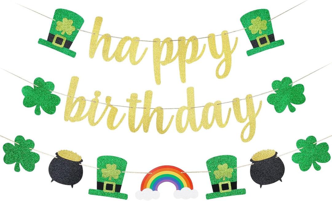 Gold Happy Birthday St Patricks Day Banner St Patrick's Day Birthday Banner for Saint Patricks Day Birthday Party Decorations