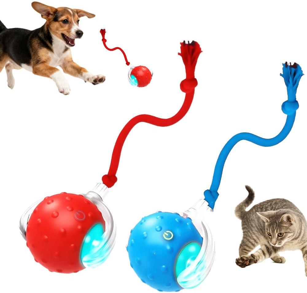 Interactive Fast Moving Toys Balls with Birdsong, 2026 New 360 Smart Automatic Rolling Electric Dog Ball Toy with Rope for Dogs and Cat Indoor Play (Blue+Red)