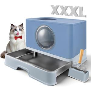 XXXL Stainless Steel Litter Box with Lid, Front Entry Top Exit, Extra Large Metal Cat Litter Box with Drawer, Maine Coon Cats, with Litter Scoop & Litter Mat, Anti-Odor, Anti-Leakage & Non-Stick