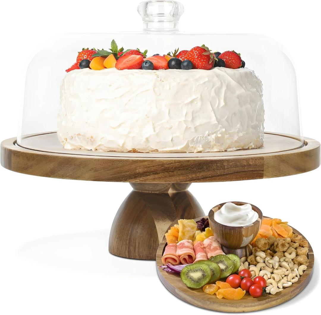 Acacia Wood Cake Stand with Lid, 2-In-1 Cake Plate with Acrylic Lid, 12in Round Dessert Table Display Set, Raise Dome for Charcuterie Board, Cheese, Chips & Dips, Nachos, Fruit Platter (12in)