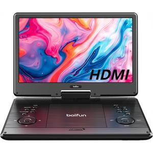 Boifun 15.7" Portable DVD Player with 14.1" Large Screen Support, HDMI Input, 5 Hrs Rechargeable Battery, Sync TV/Projector, USB/SD, Region Free, Dual Speaker, Multiple Disc Formats, Black