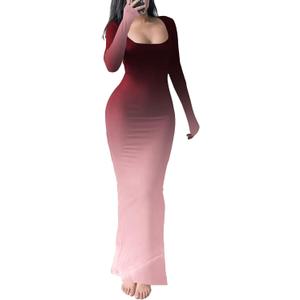 HBQ Women's Bodycon Maxi Dress Long Sleeve Square Neck Lounge Dresses Sexy Night Out Party Dress-Gradient-XXL