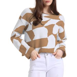Women's Sweaters Color Block Cropped Sweater Tops Long Sleeve Loose Pullover Knit Jumper Top Checkered Fall Fashion