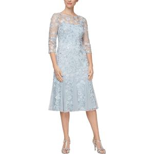 Alex Evenings Women's Tea Length Embroidered Dress Illusion Sleeves Missy, Light Blue Petite, 6P