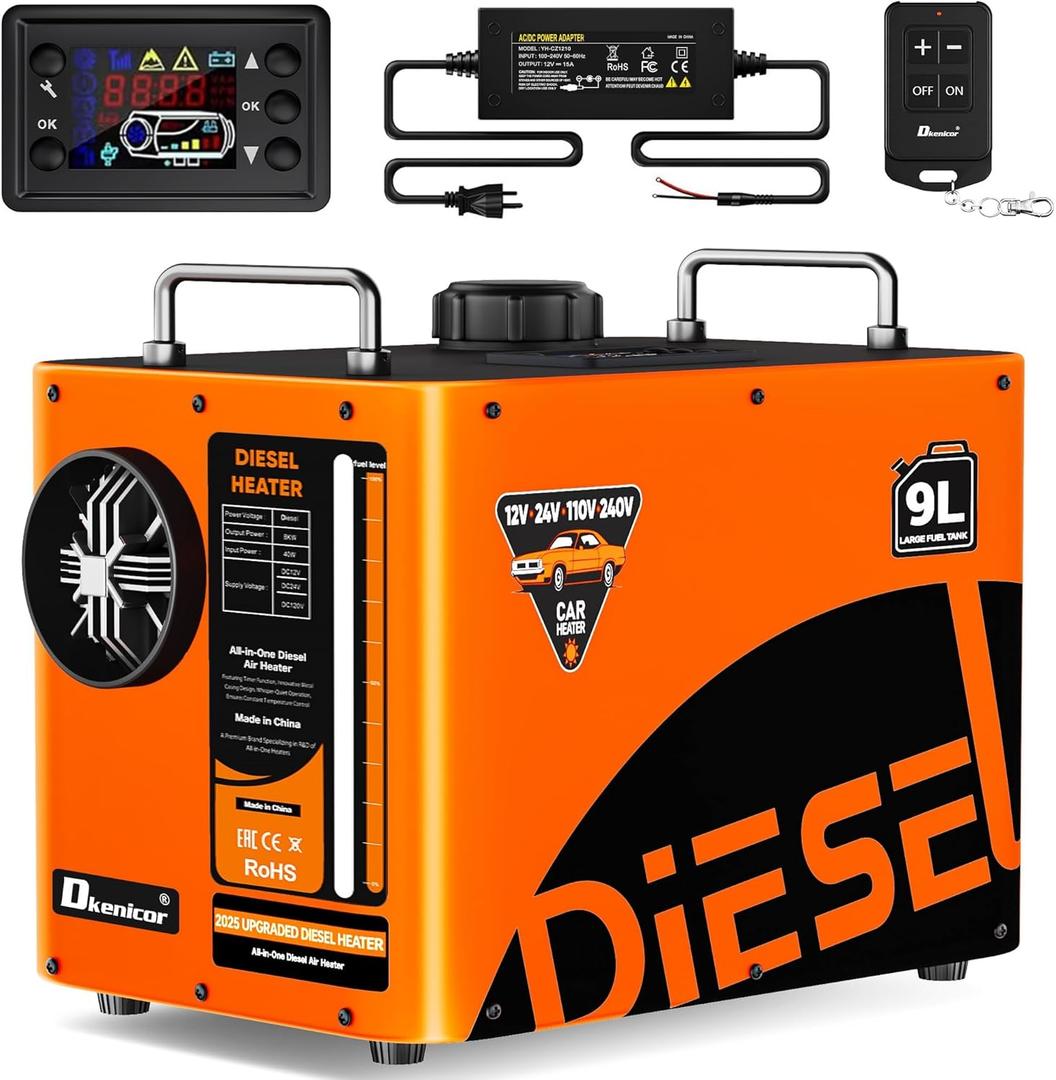 8KW Diesel Heater, 9L Tank 12V/24V/110V/240V All in One Diesel Air Heater with LCD Switch, Remote Control (without battery), for Truck, RV, Home, Car, Campers, Boat, Orange