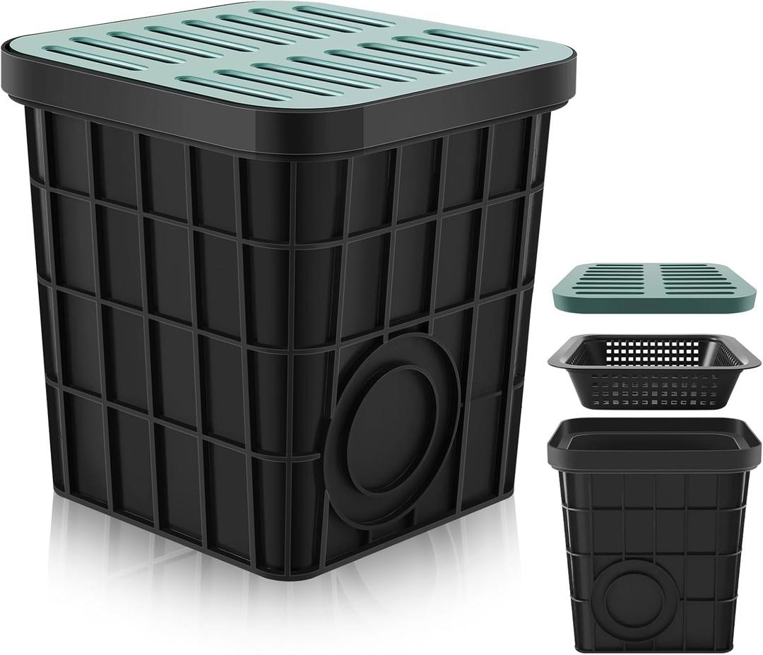 Catch Basin with Grate 15 x 15 x 15 Inch Square Large Catch Basin for Drainage with Debris Basket French Drain Without Reserved Hole for Yard, Downspout, Lawn, Municipal Pipeline (Green,black)