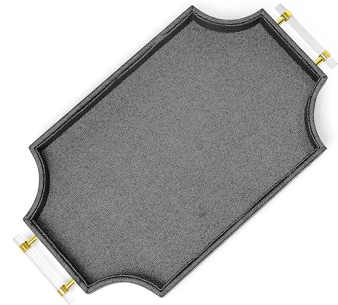 Shagreen Decorative22.6'' × 13'' Large Serving Platters Tray with Handles for Coffee Table Decor Modern Elegant Scalloped Ottoman Tray(Black)
