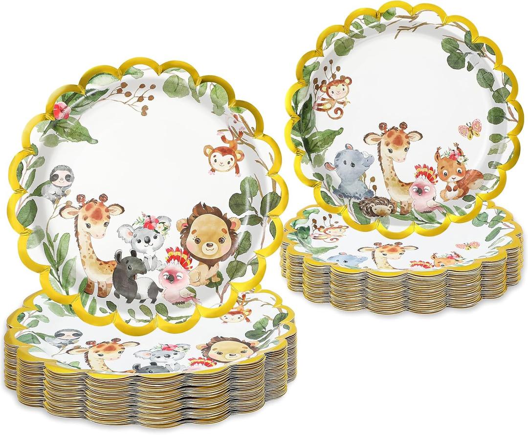 2 x 50Pcs Woodland Animal Paper Plate Forest Animals Disposable Plates 9 & 7 Inch Baby Shower Scalloped Dinner Dessert Plates for Birthday Supplies