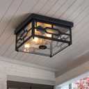 Outdoor Ceiling Light with Motion Sensor Flush Mount Squares Porch Light, 2-Light Dusk to Dawn Ceiling Lights Fixture with Clear Glass for Entryway Farmhouse Garage Front and Back Yards, Black