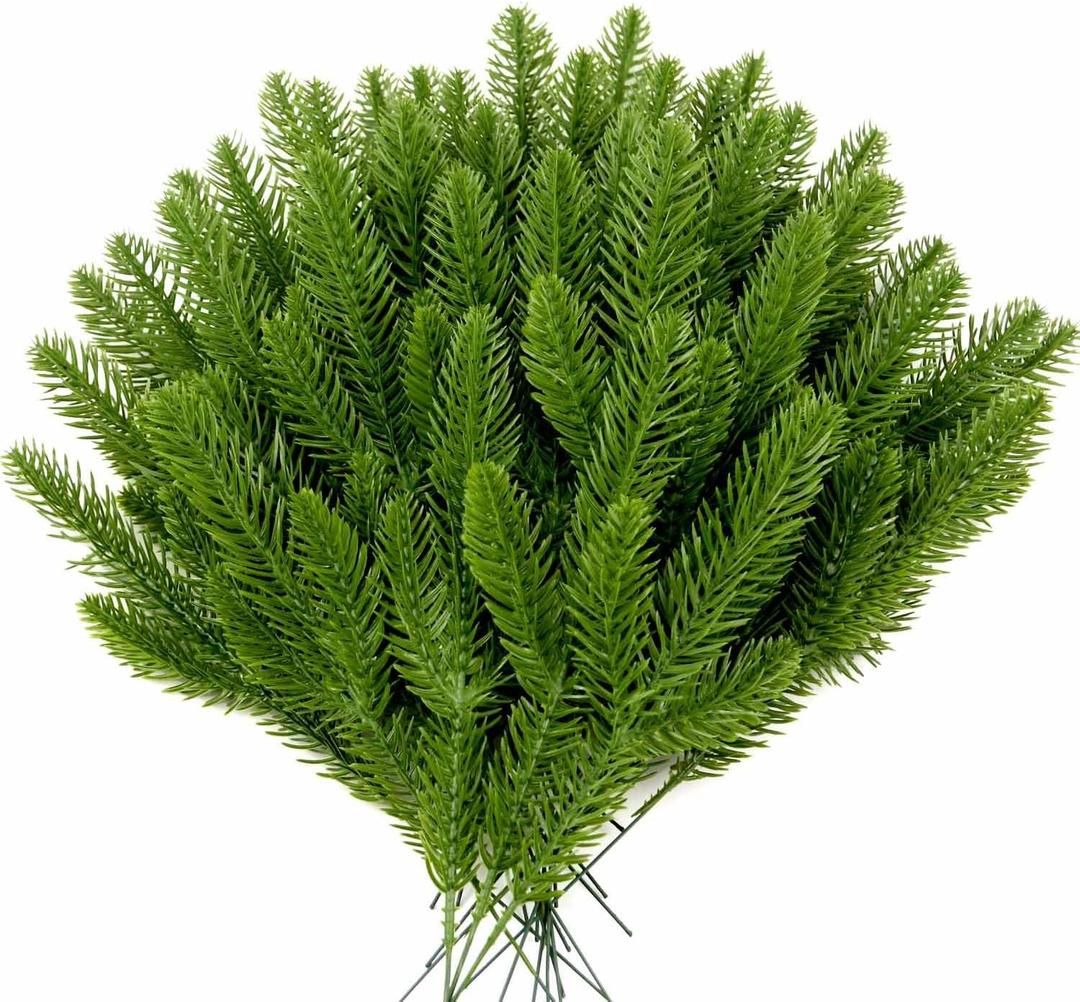 Artificial Pine Branches 50 Pcs, Christmas Tree Filler Branches Green Plants Faux Pine Needle Branches Christmas Greenery Pine Picks Evergreen Pine Stems for Christmas Tree Garland Wreath Decorating