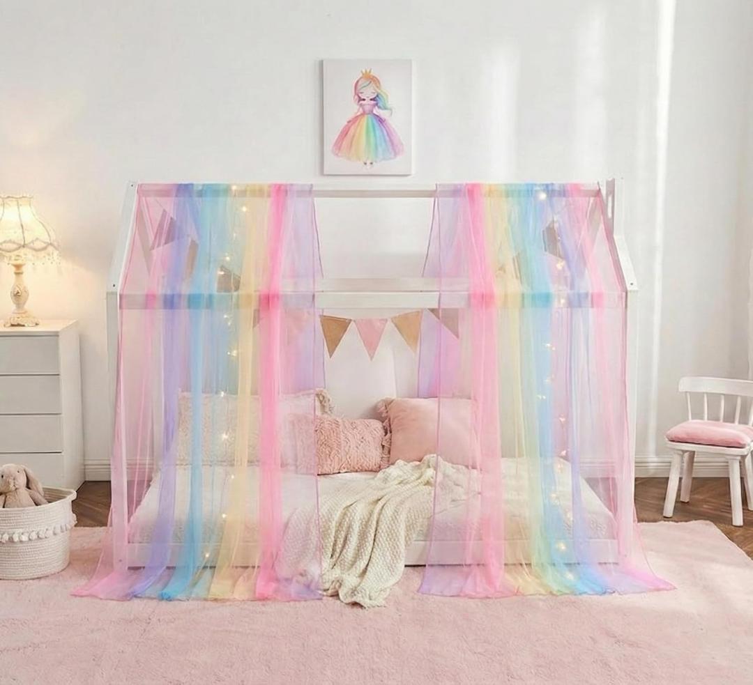 Rainbow Bed Canopy for Girls, Sheer Twin Canopy Bed Curtains with Lights, Princess Canopy Scarf for Girls Bed Room Decor (2 Panel)