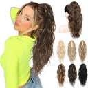 LONAI Ponytail Extension, 18" Wavy Claw Clip Ponytail Extensions ZJ001 Curly Wavy Claw Clip in Ponytail Hair Extensions Synthetic Fake Pony tails Hairpieces-Deep Brown with Dirty Blonde