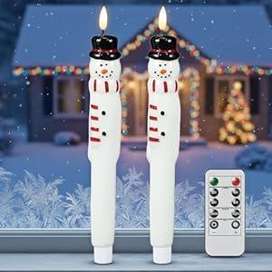 Lasumora Christmas Flameless Taper Candles with Remote Timer, 2 Pcs Hand-Painted Snowman Sculpture Shape LED Candlesticks with 3D Flickering Flame for Home Décor Christmas Gifts