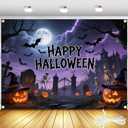 Large Happy Halloween Backdrop 82in × 60in with 19.69ft Ribbon, Purple Pumpkin Halloween Decorations for Outdoor Party Backdrop, Spooky Banner for Yard or Photo Booth