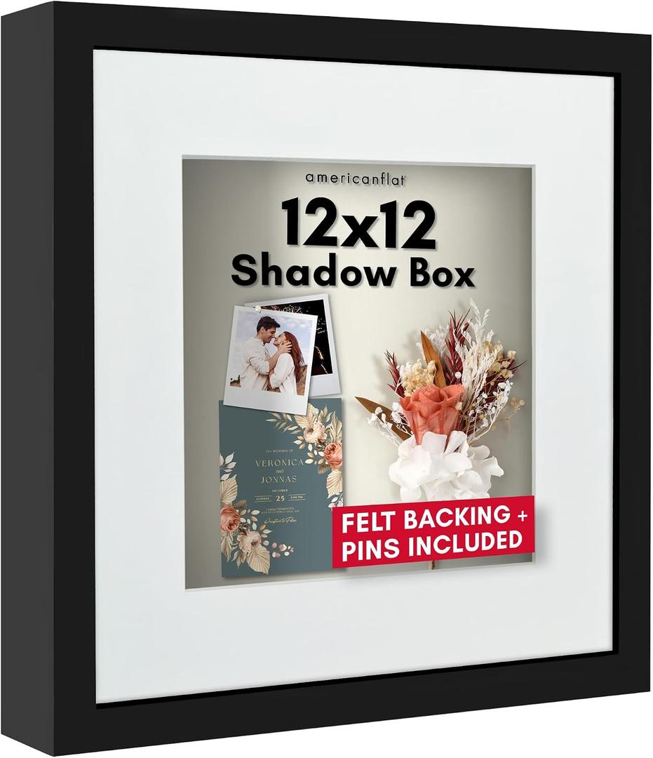 Americanflat 12x12 Shadow Box Frame with Shatter-Resistant Glass - Use as 10x10 Frame with Mat or 12x12 Without Mat - Silhouette Collection - Black with Soft Felt Back