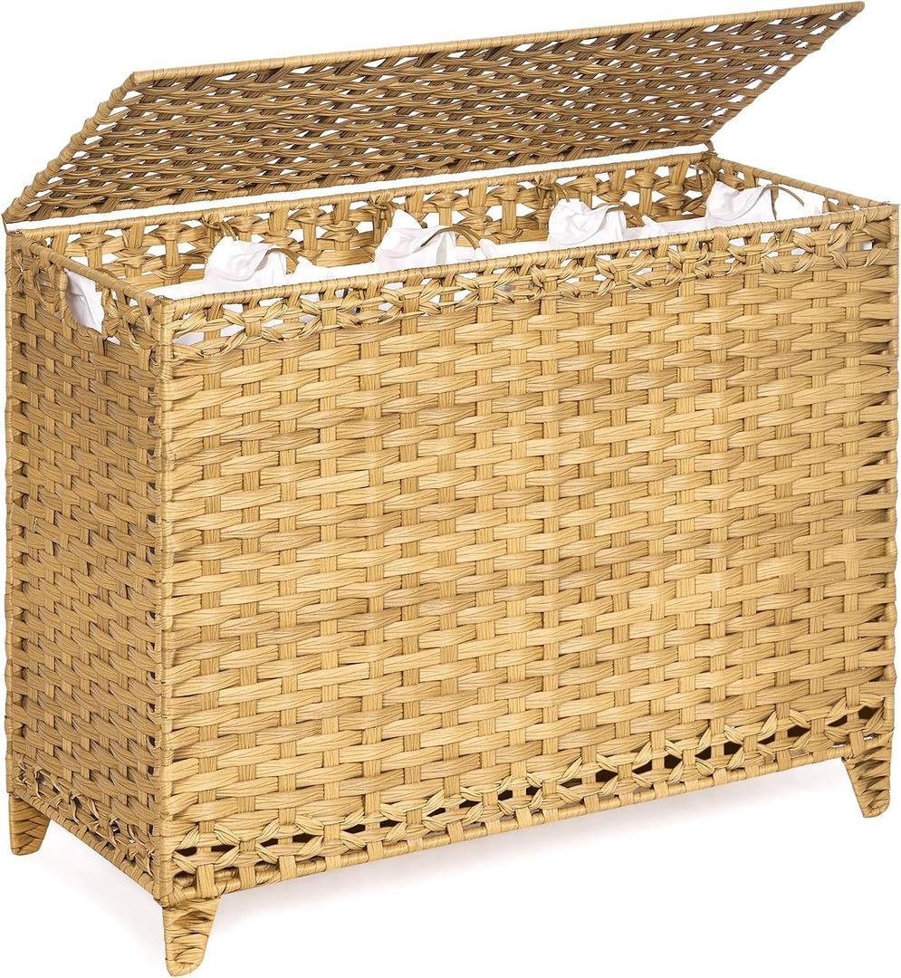 Laundry Hamper with 4 Removable Liner Bags; 176L Handwoven Rattan Laundry Basket with Lid & Heightened Feet; Clothes Hamper with Side Handles, 176L-4 Section