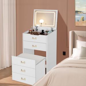 3-in-1 Corner Vanity Desk & Nightstand Combo with Flip-up Mirror and Rolling Stool, Glass Top Makeup Dressing Table with Hidden Storage Drawers for Small Bedroom Spaces