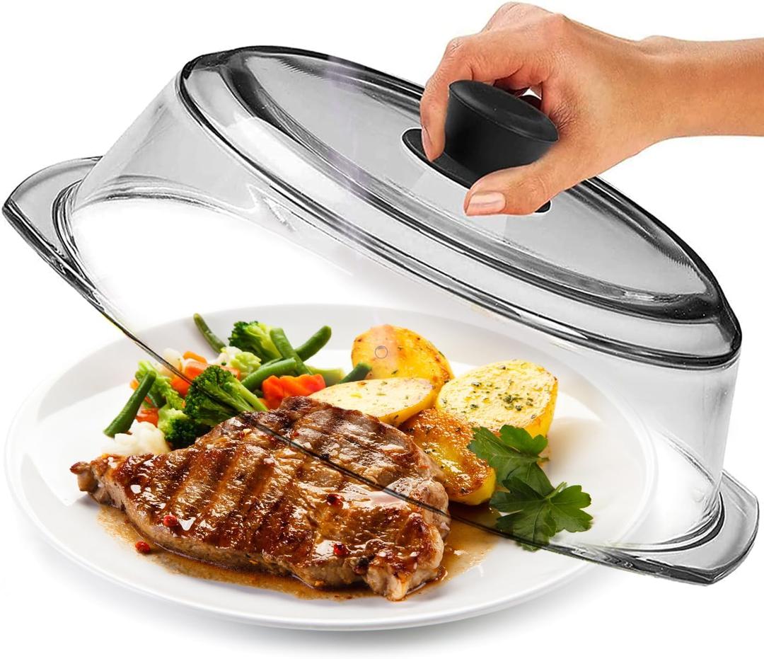 Leraze Tall Glass Microwave Splatter Cover for Food - Cookware & Bakeware Serving Dish Cover, Plate Guard Lid with Easy Grip Silicone Handle Knob - 100% Food Grade BPA Free & Dishwasher Safe - 10in